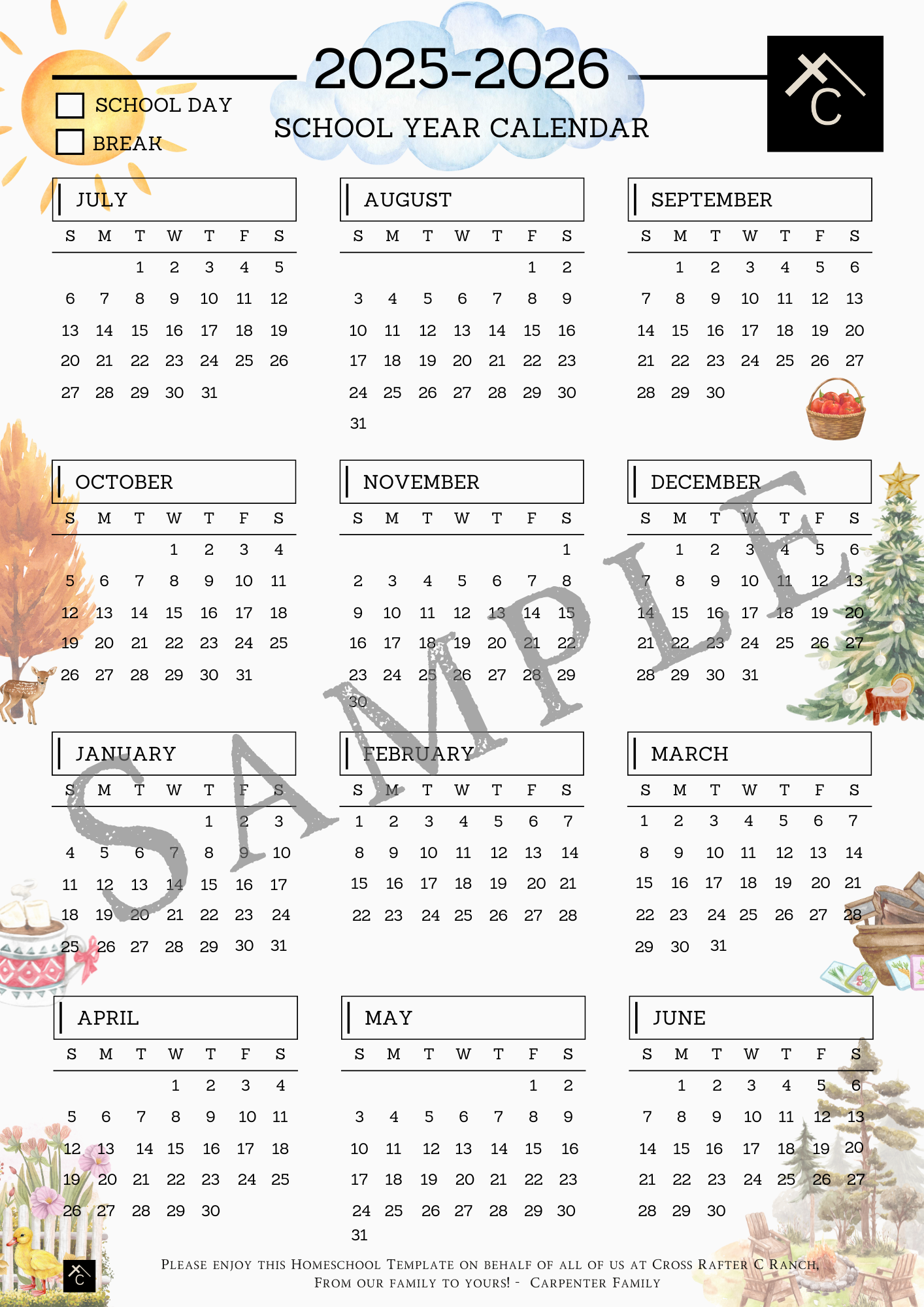 School Year Calendar - Downloadable PDF