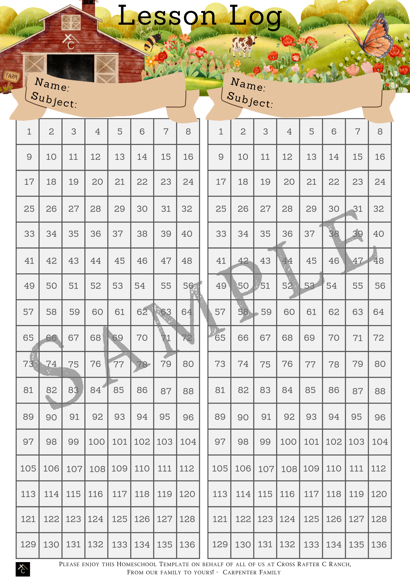 Chart - Homeschool Lesson Log (Downloadable PDF)