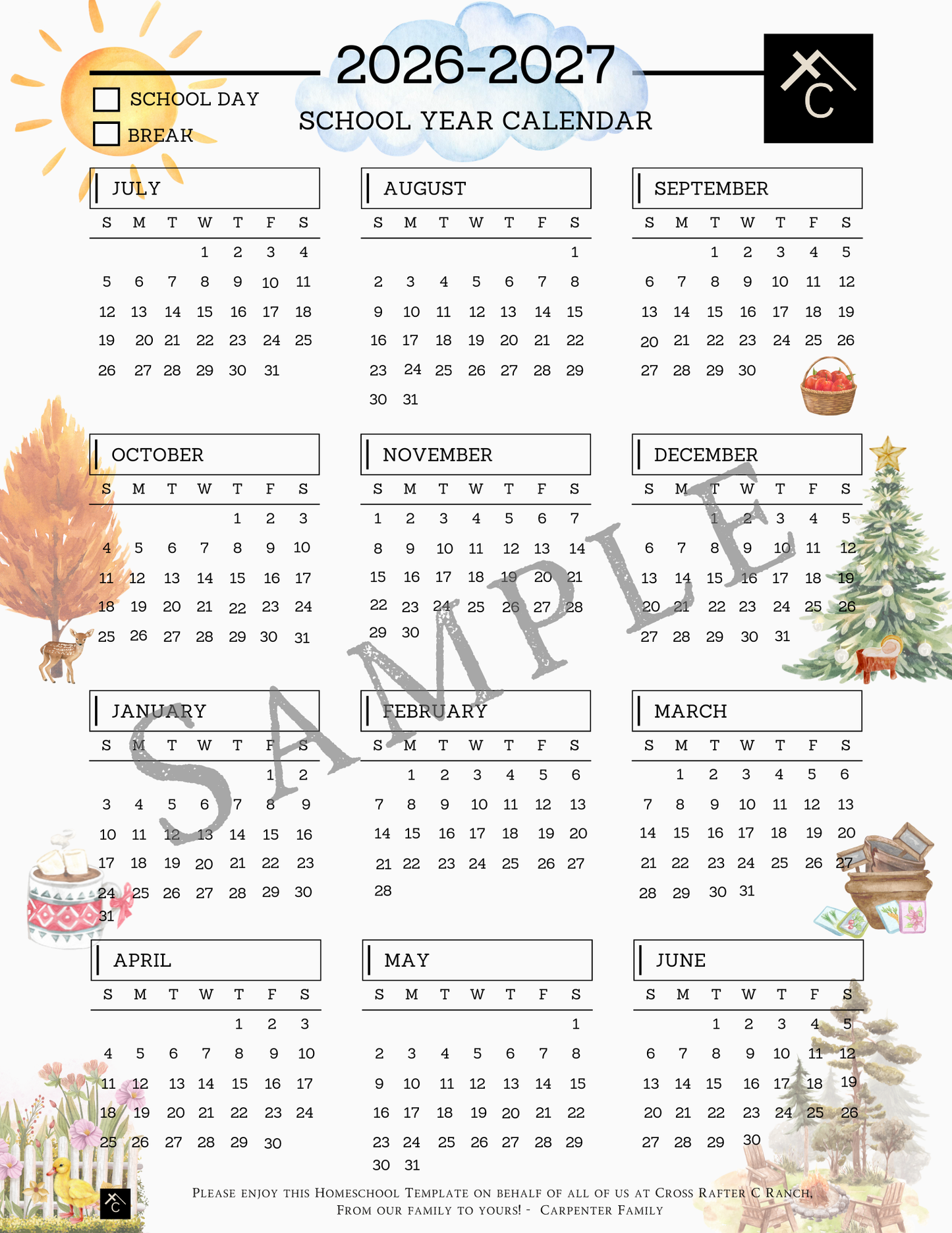 Chart - School Year Calendar (Downloadable PDF)